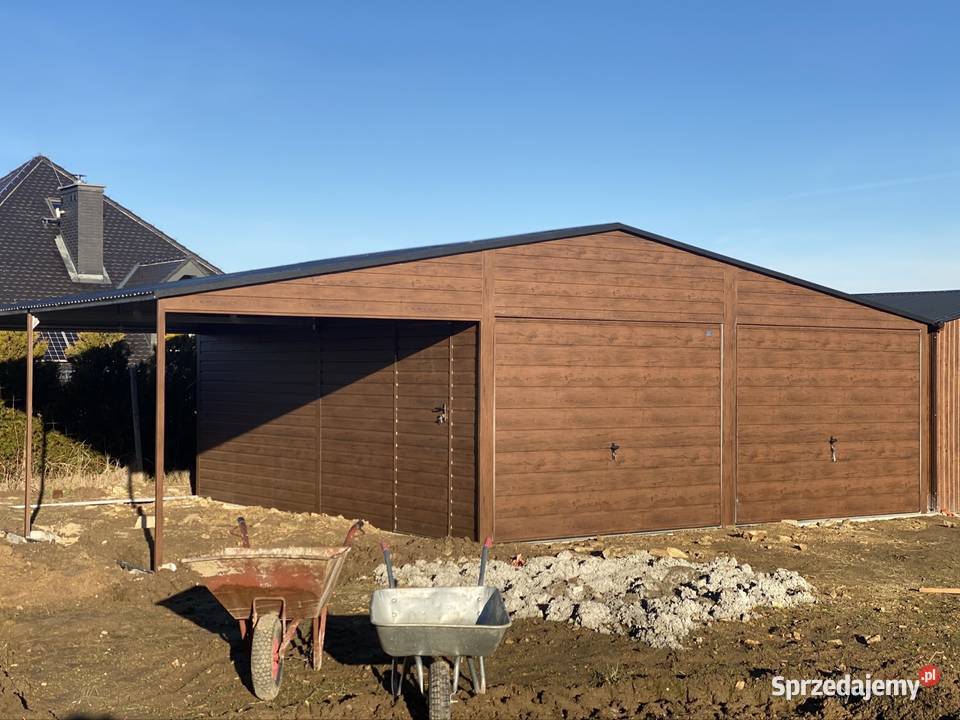 Garaż 9x6 z wiatą w kolorze Orzech mat