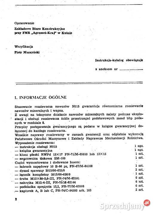 Instrukcja i katalog części rozsiewacz KOS NO15 podkarpackie