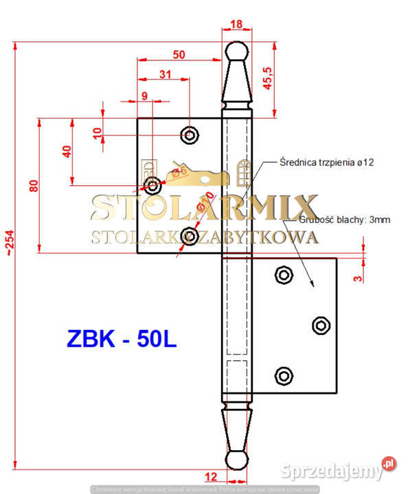 Zawias do starych drzwi bezprzylgowych ZBK 50L Paterek sprzedam