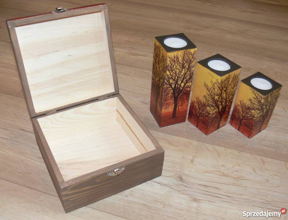 Komplet 3 duże świeczniki szkatułka rękodzieło Halinów