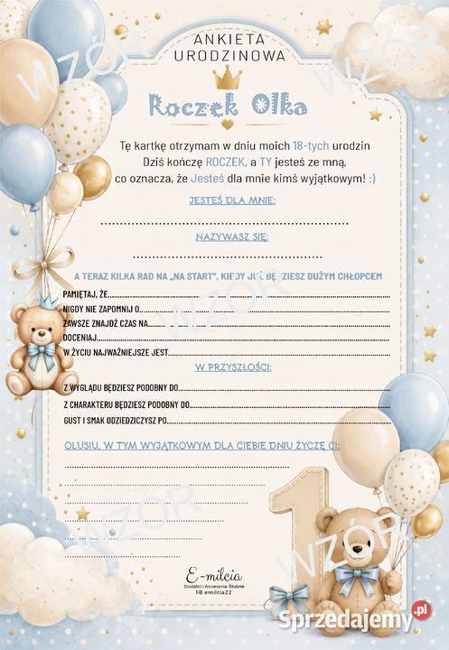 10 ANKIETY URODZINOWE MIŚ Niebieski URODZINY Zielona Góra