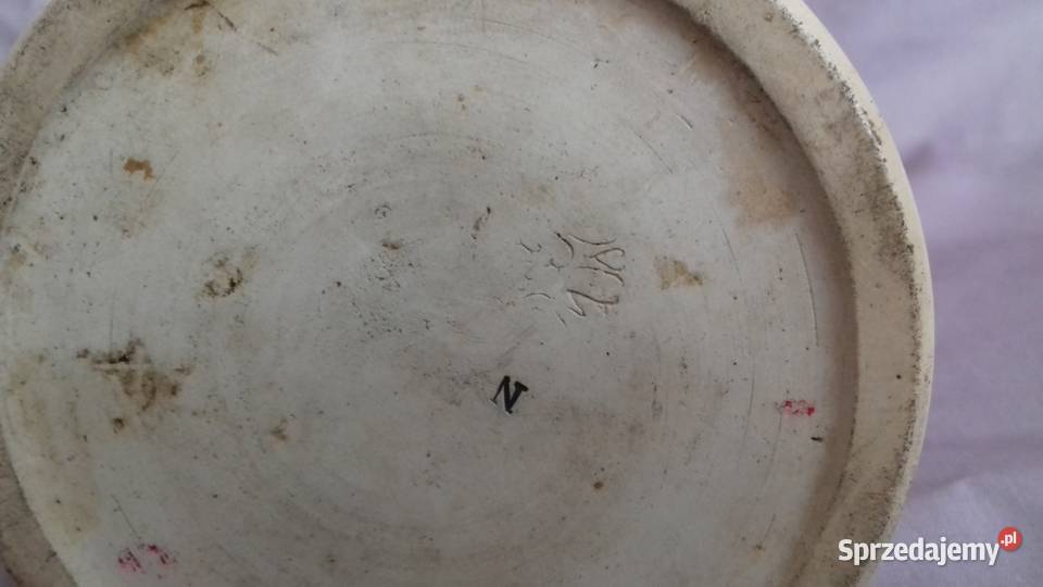 Stary kufel ceramiczny sygnowany z cynowa