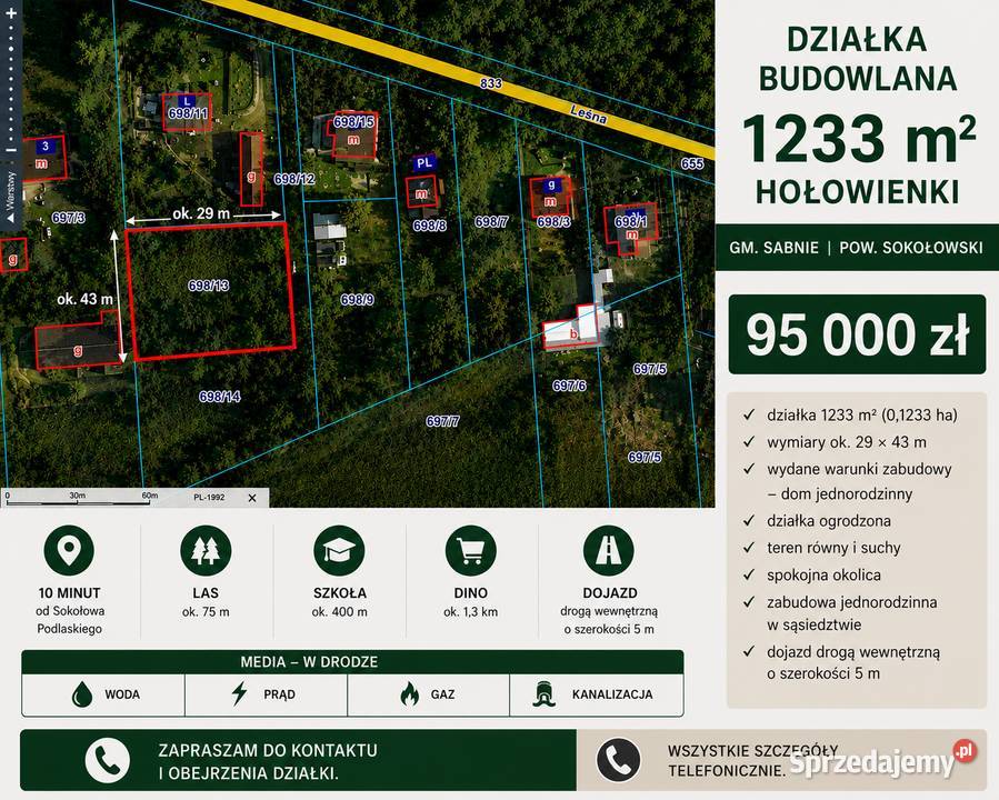 Działka budowlana 1233 m 10 min Sokołowa 95 000 29m