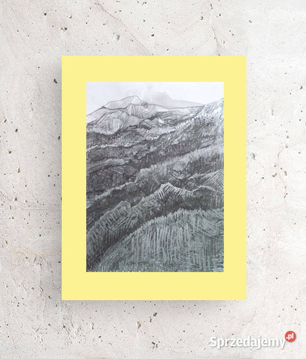 żólto szary rysunek A3 góry obraz malowany czarny Gdańsk