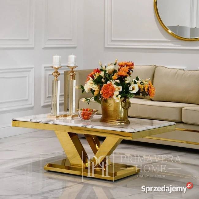 Nowoczesny stolik kawowy, glamour, z białym blatem, złoty L