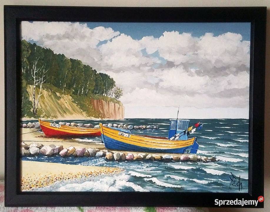 Obraz Orłowo klif kuter i łódź 30X40 na panelu Gdynia