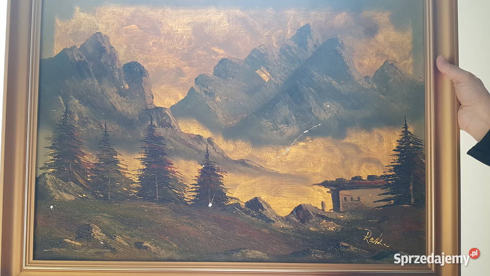 Stary duży obraz olejny pejzaż górski sygnowany Malarstwo Dąbrowa Górnicza