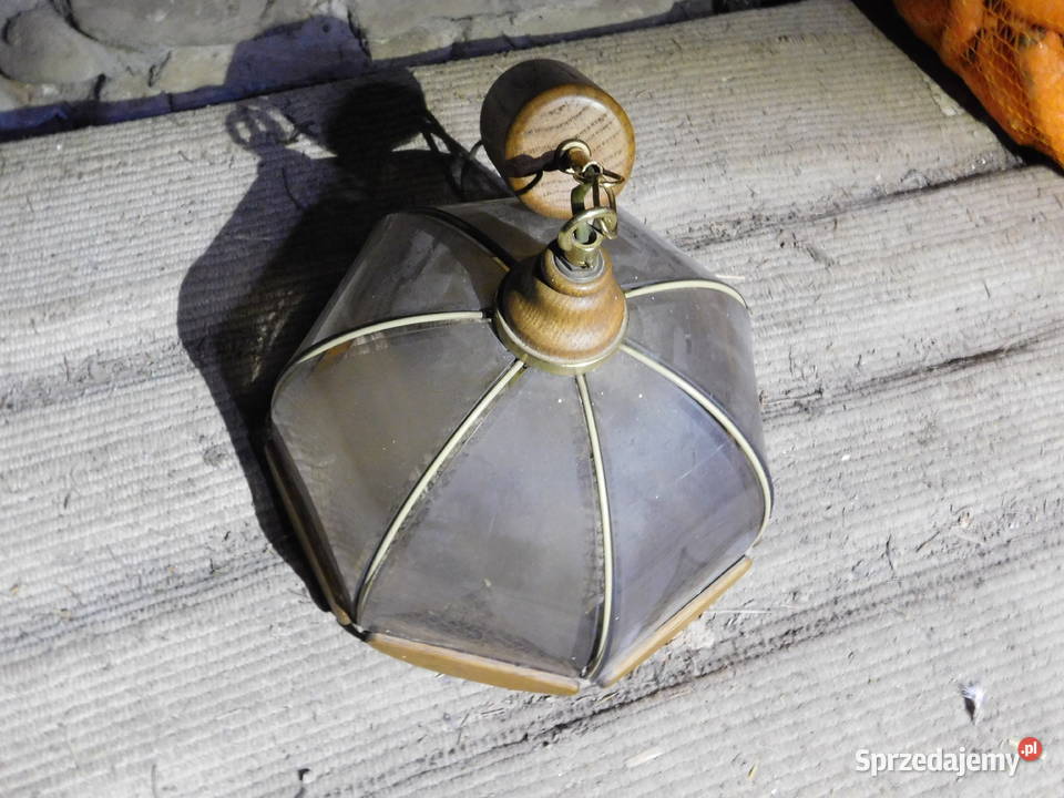Piękny dębowy klosz wiszący PRL ozdobny Vintage małopolskie Kęty