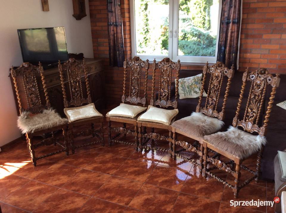 Piękne stare rzeźbione krzesła 6 sztuk Tarnawa Dolna