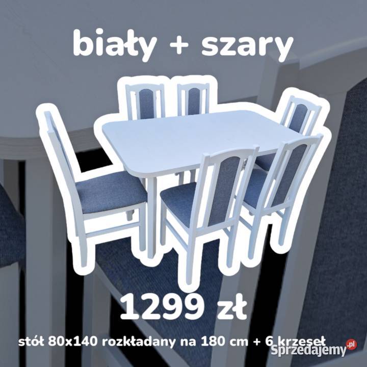 Nowe: Stół 80x140/180 + 6 krzeseł, biały + szary, dostawa PL