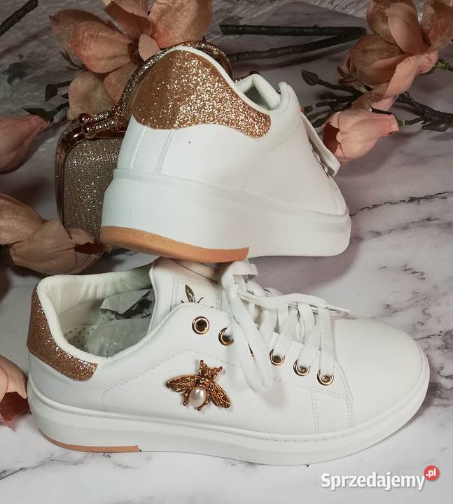 buty sportowe sneakers białe złote pszczółki skóra ekologiczna Warszawa