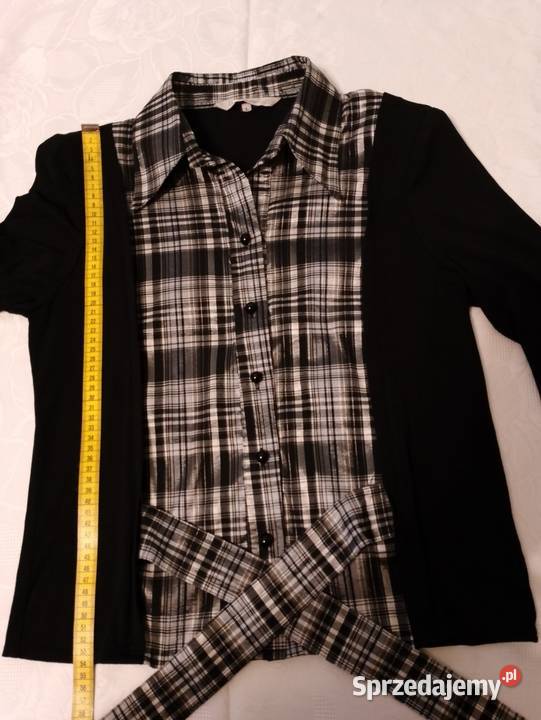 CZARNA bluzka z długimi rękawami i biało czarną