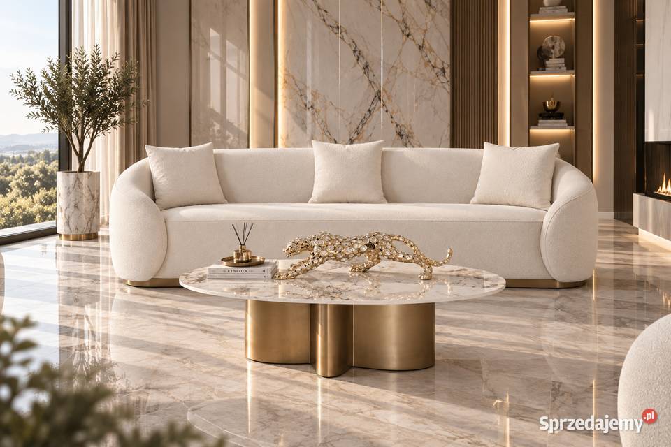 Sofa glamour welurowa biała 220 ze złotą Golkowice
