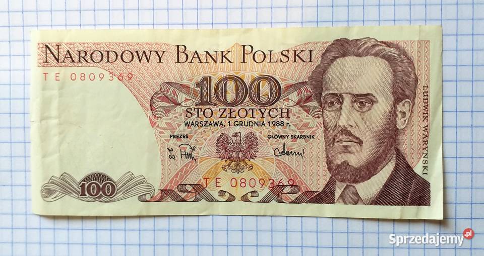 BANKNOT 100 ZŁOTYCH 1988 SERIA TE 0809369 lubelskie Piszczac