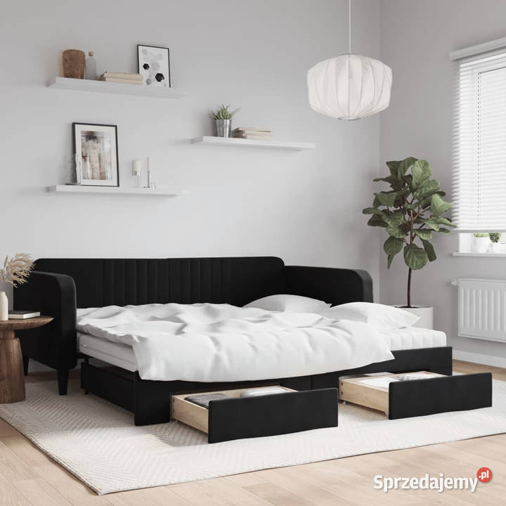 Sofa rozsuwana z szufladami czarna aksamit Łóżka Warszawa