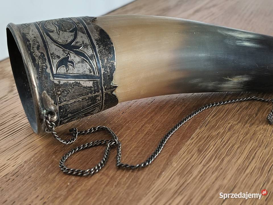 Róg obfitości bawoli niello okuty w srebro Ag zachodniopomorskie