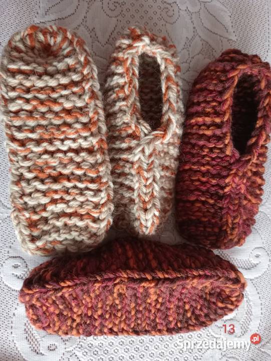 2 pary grubych kapci z włóczki 3640 wełniaczki Złotów