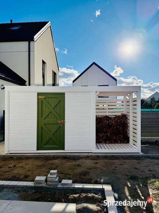 Drewniany domek narzędziowy 3 x 15m z drewutnią