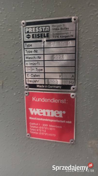 ZAGNIATARKA DO NAROŻY ALUMA PRESSTA EISELE PV10P Kłodawa