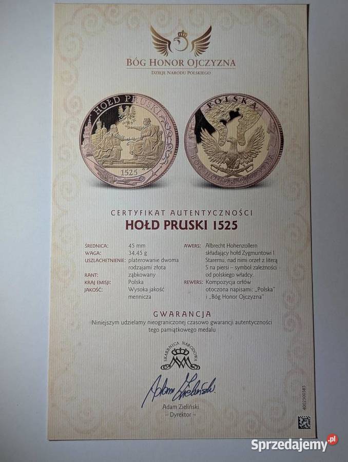 Certyfikat Skarbnica Narodowa Hołd Pruski 1525 Piła sprzedam