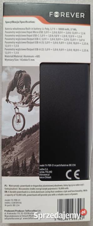 FOREVER powerbank 10000 mAh 225 W aluminium NOWY sprzedam
