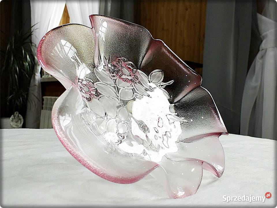 Stara Patera szklana Różowe Szkło z tłoczonymi Żary