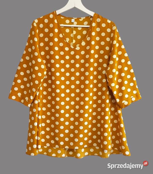 Damska bluzka musztardowa krótki rękaw w białe Chrzanów