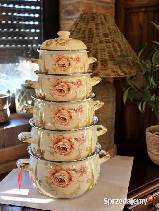 199 Garnki duże emalia róże Zabrze sprzedam