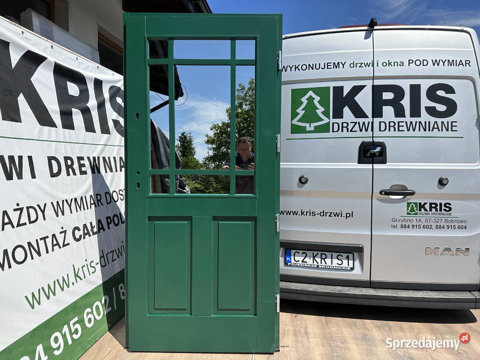 Drzwi zewnętrzne RĘKI drewniane zielone 6005 Ostróda
