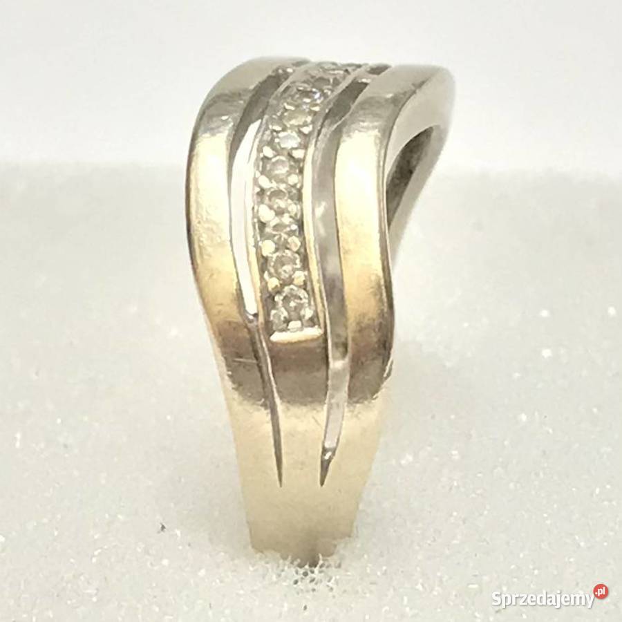 Złoty PIERŚCIONEK 14K BIAŁE złoto KAMIENIE cud