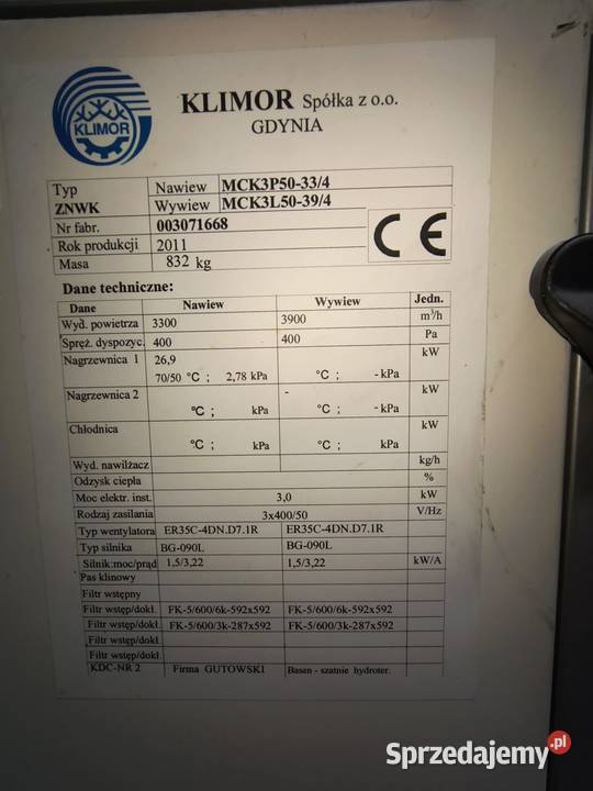 Sprzedam centrale wentylacyjne Klimor tabliczki Ełk sprzedam