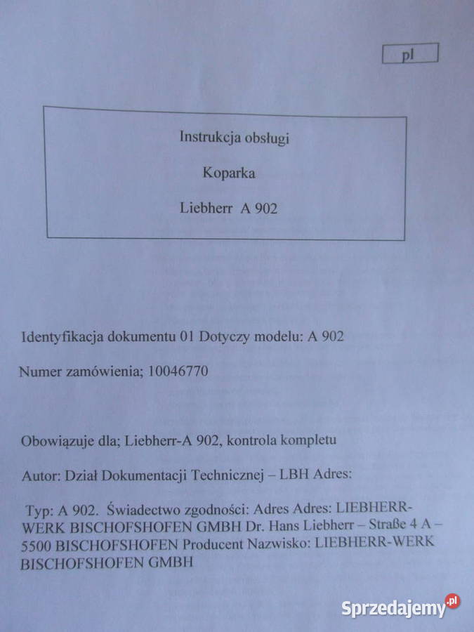 dtr instrukcja obsługi koparka liebherr A 902 i Szczecin