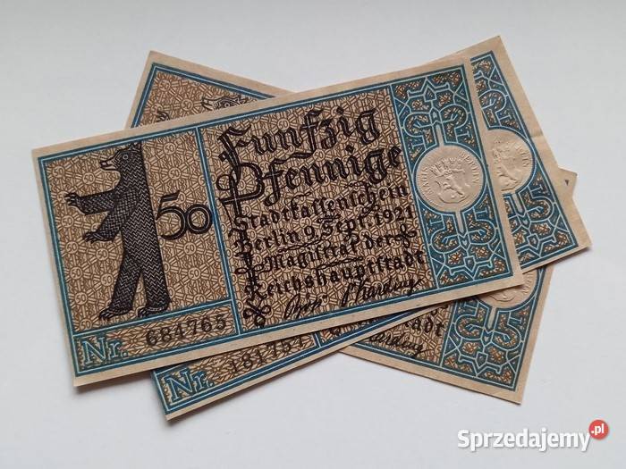 Trzy banknoty 50 Pfennig 1921 r miasta Berlin Koszalin