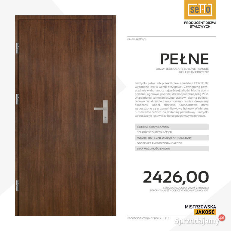 Drzwi zewnętrzne stalowe SETTO model PEŁNE 92 Konin