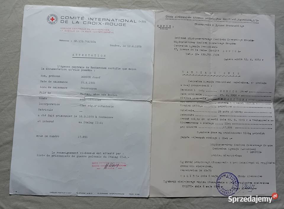 Dokument Centrali Międzynar Czerwonego Krzyża w Antykwariat wielkopolskie Koźminek