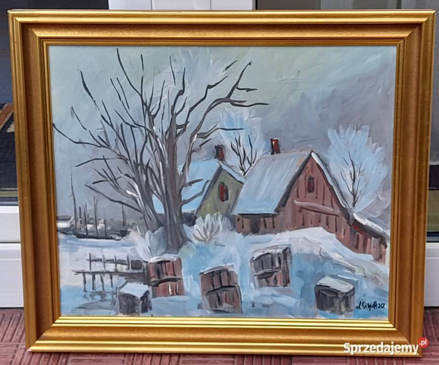 Zimowy pejzaż obraz olejny płótno złota rama Iłża