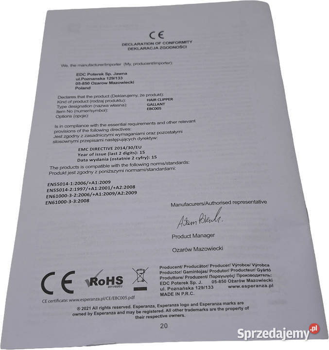 Instrukcja obsługi Esperanza Gallant EBC005 Części i Akcesoria Czeladź