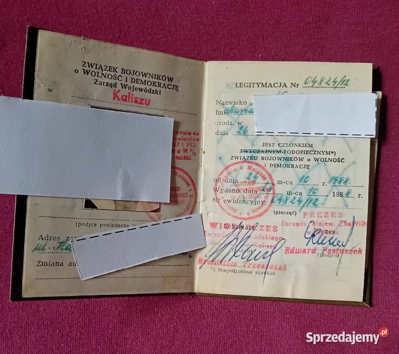 Legitymacja członkowska ZBOWiD Kalisz 1988 r Koźminek