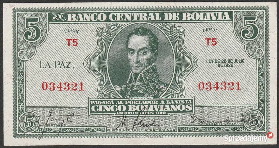 BOLIWIA 5 BOLIVIANOS 1928 STAN BANKOWY UNC Łódź