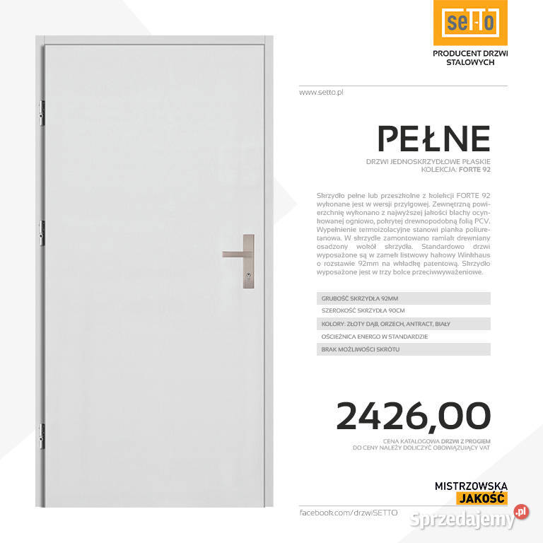 Drzwi zewnętrzne stalowe SETTO model PEŁNE 92 Drzwi i okna Konin