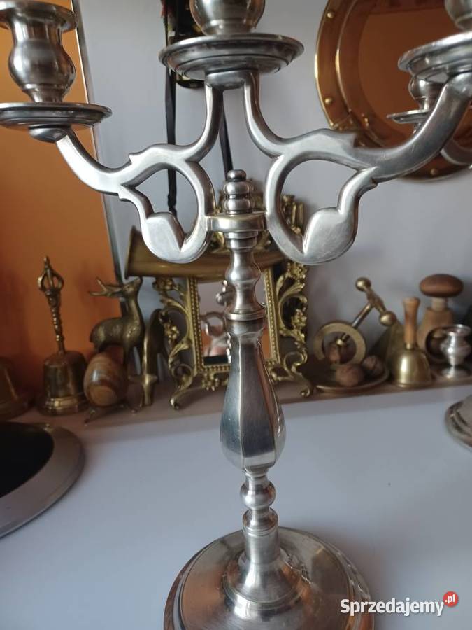 Piękny masywny platerowany świecznik mosiężny Wyposażenie wnętrz Poznań