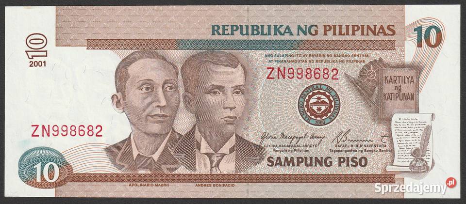 FILIPINY 10 PISO 2001 MABINI STAN BANKOWY UNC Łódź sprzedam