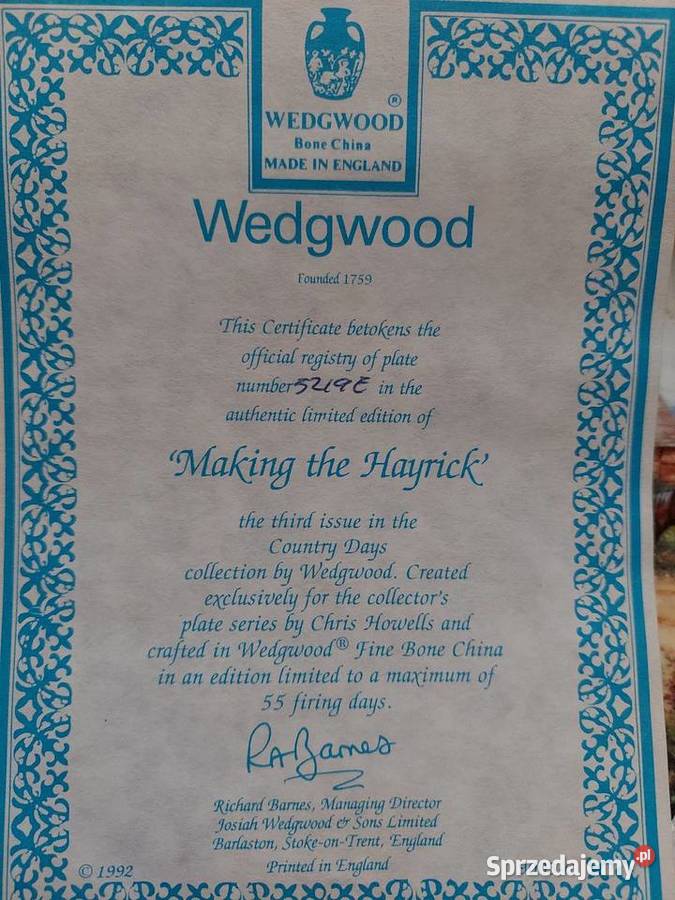 Kolekcjonerski talerz Weedgwood z certyfikatem Chełm sprzedam