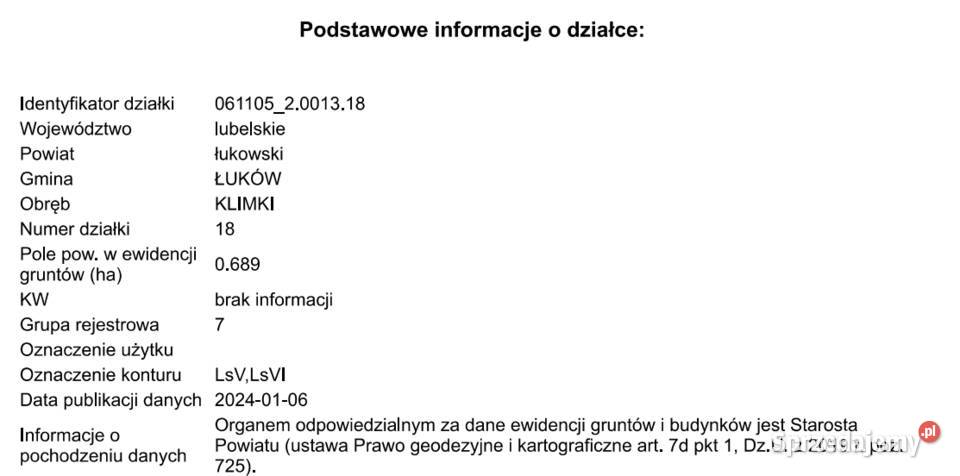 Działka leśna 0689 ha Grunty i działki Klimki