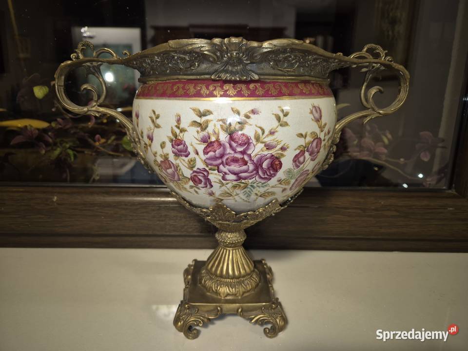 Waza porcelanowa z różami przepiękne okucie dolnośląskie Wrocław