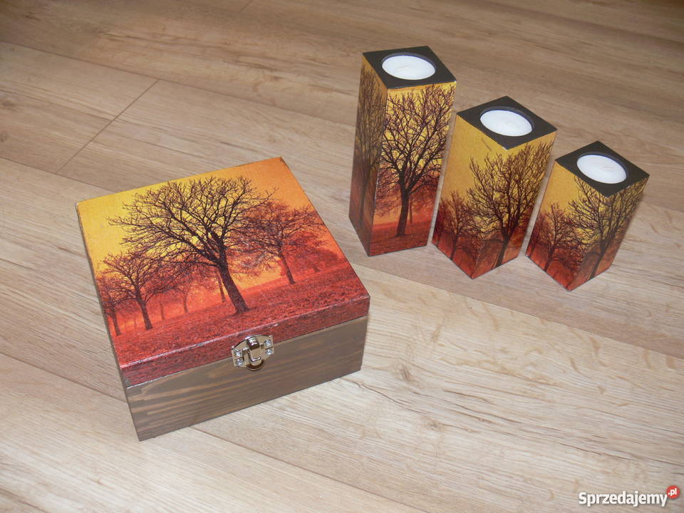 Komplet 3 duże świeczniki szkatułka rękodzieło Halinów sprzedam