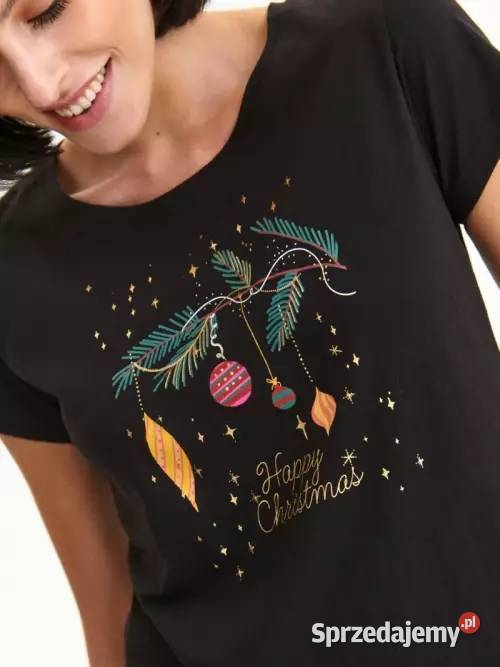 czarny tshirt ze świątecznym nadrukiem Top krótki Olkusz