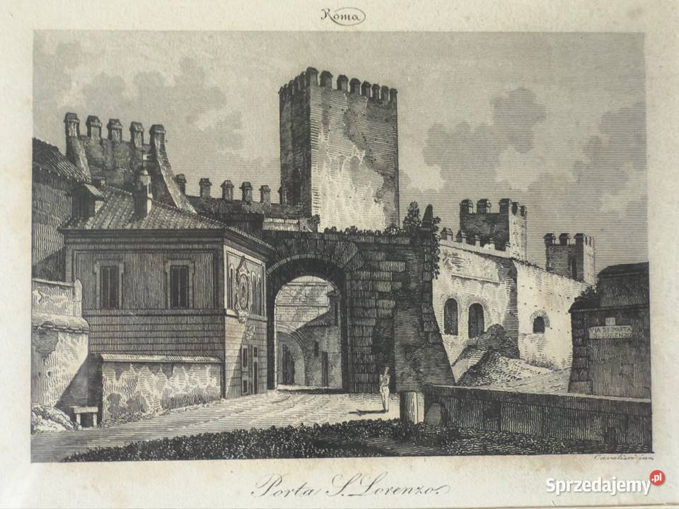 Antyczny Miedzioryt XIX w Porta San Lorenzo Rzym