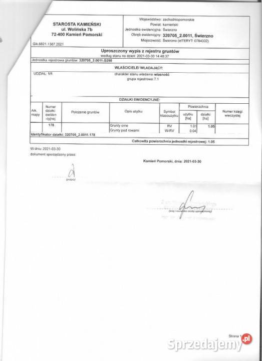 1 ha 10 morza prąd możl podziału Świerzno