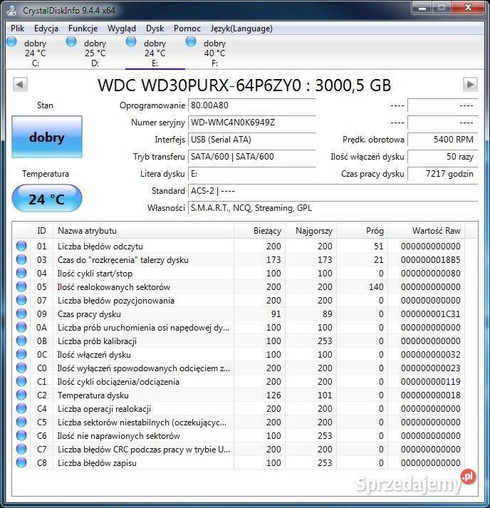 Dysk 3TB WD30PURX SATA III 35 5400 RPM do 3,5” Dyski